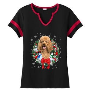 Poodle Christmas Wreath Ornat Decoration Dog Xmas Pajama Gift Ladies Halftime Notch Neck Tee