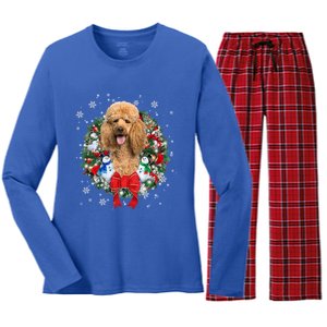 Poodle Christmas Wreath Ornat Decoration Dog Xmas Pajama Gift Women's Long Sleeve Flannel Pajama Set 