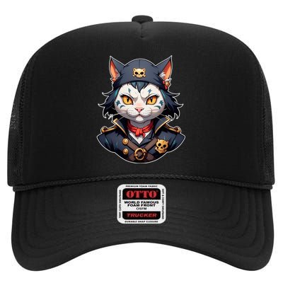 Pirate Cat With Bandana High Crown Mesh Back Trucker Hat