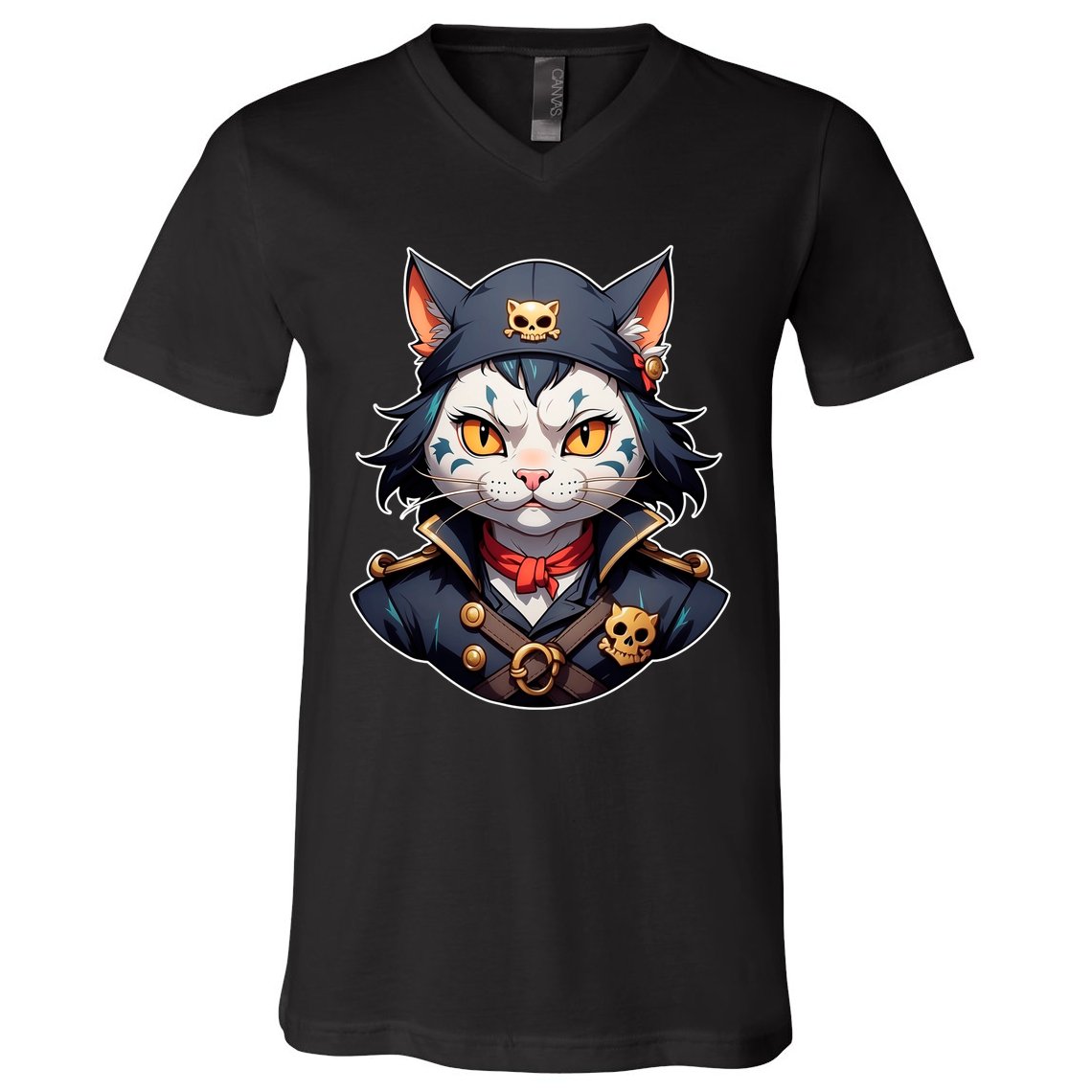 Pirate Cat With Bandana V-Neck T-Shirt