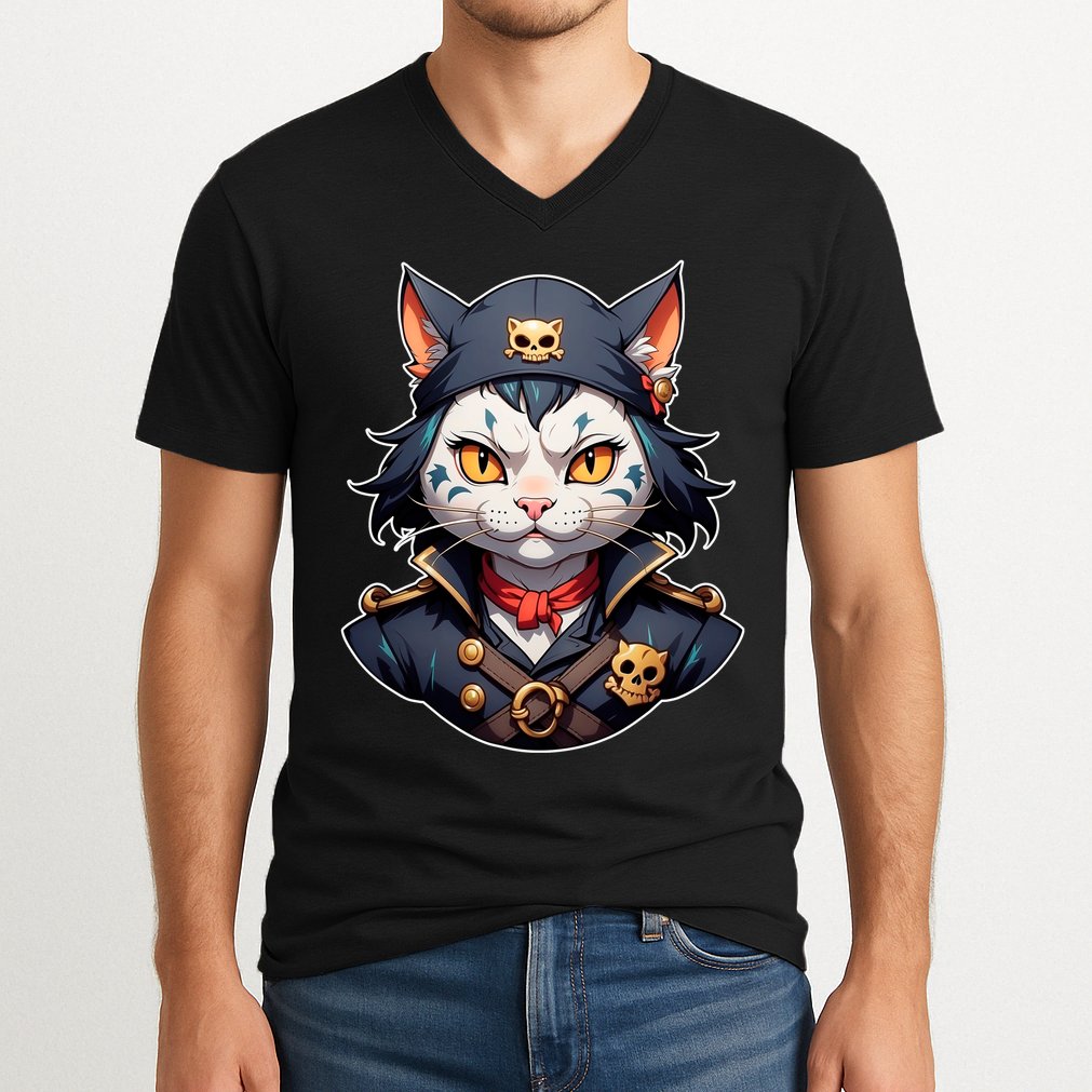 Pirate Cat With Bandana V-Neck T-Shirt