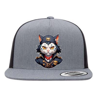 Pirate Cat With Bandana Flat Bill Trucker Hat