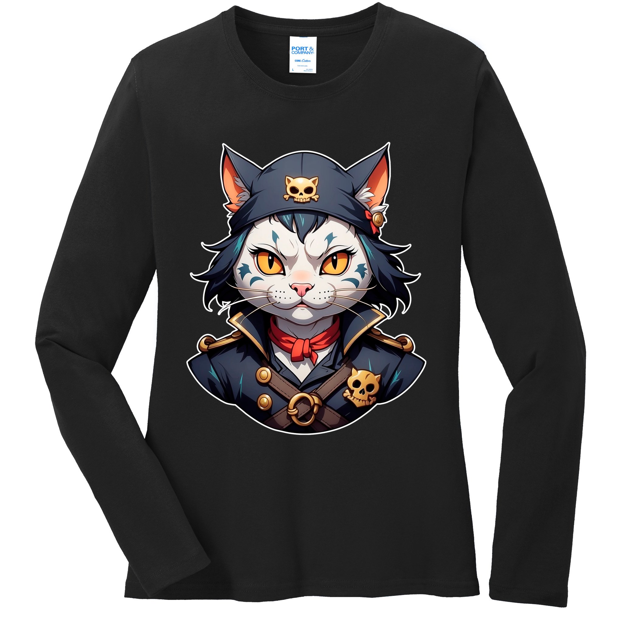 Pirate Cat With Bandana Ladies Long Sleeve Shirt