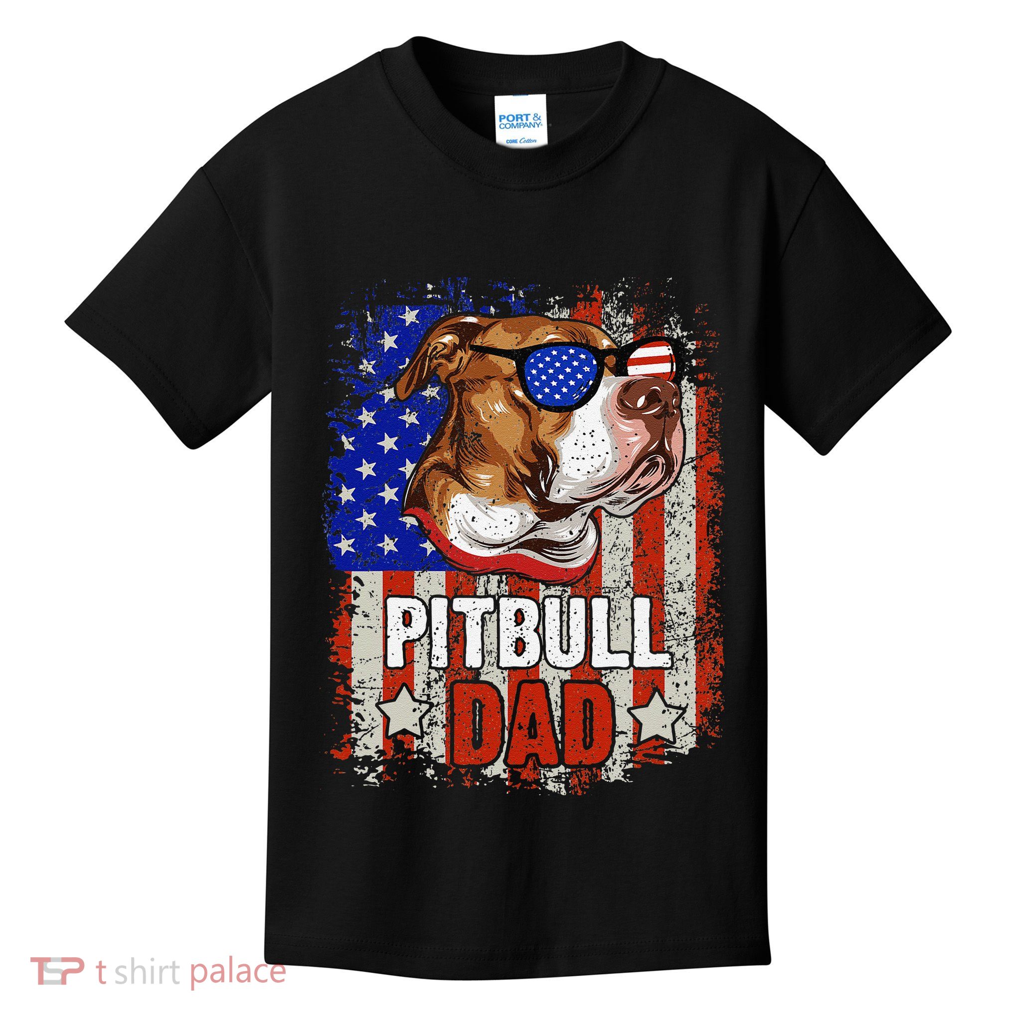 Pitbull Dad 4th Of July American Flag Glasses Dog Boy Kids T-Shirt