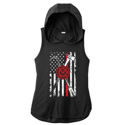 Patriotic Design Axe Halligan Thin Line Red Firefighter Ladies PosiCharge Tri-Blend Wicking Draft Hoodie Tank