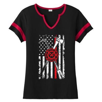 Patriotic Design Axe Halligan Thin Line Red Firefighter Ladies Halftime Notch Neck Tee