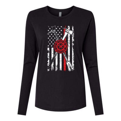 Patriotic Design Axe Halligan Thin Line Red Firefighter Womens Cotton Relaxed Long Sleeve T-Shirt