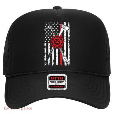 Patriotic Design Axe Halligan Thin Line Red Firefighter High Crown Mesh Back Trucker Hat