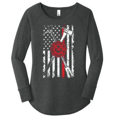 Patriotic Design Axe Halligan Thin Line Red Firefighter Women's Perfect Tri Tunic Long Sleeve Shirt