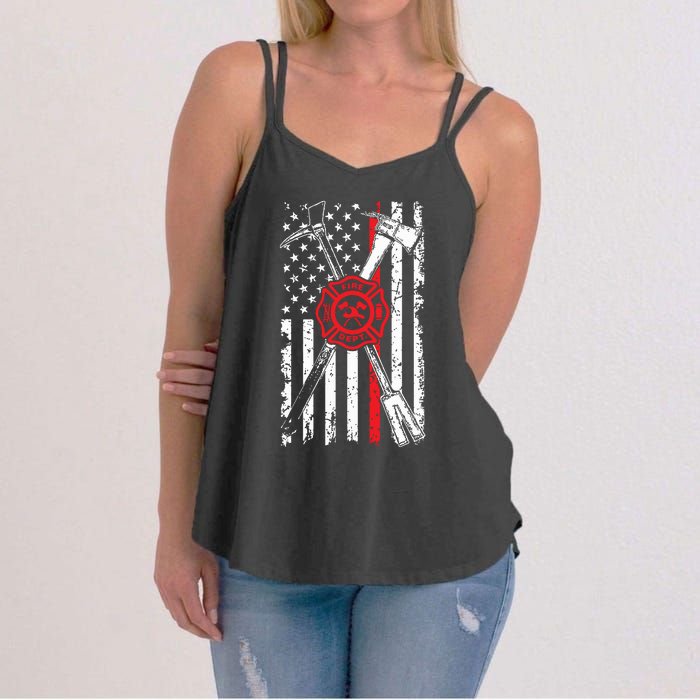 Patriotic Design Axe Halligan Thin Line Red Firefighter Women's Strappy Tank