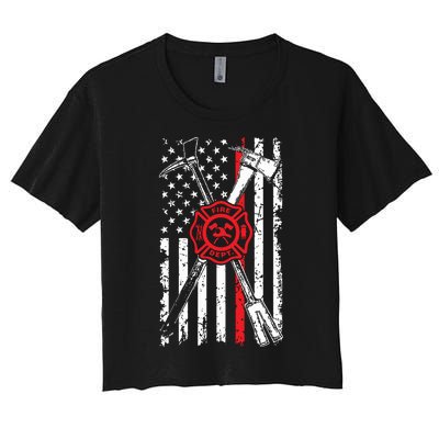 Patriotic Design Axe Halligan Thin Line Red Firefighter Women's Crop Top Tee