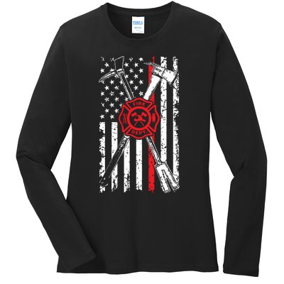 Patriotic Design Axe Halligan Thin Line Red Firefighter Ladies Long Sleeve Shirt