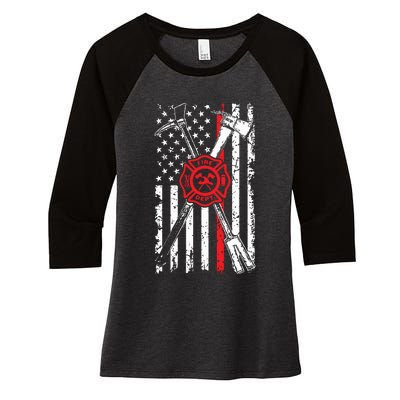 Patriotic Design Axe Halligan Thin Line Red Firefighter Women's Tri-Blend 3/4-Sleeve Raglan Shirt