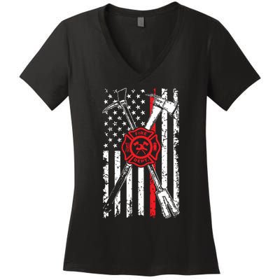 Patriotic Design Axe Halligan Thin Line Red Firefighter Women's V-Neck T-Shirt