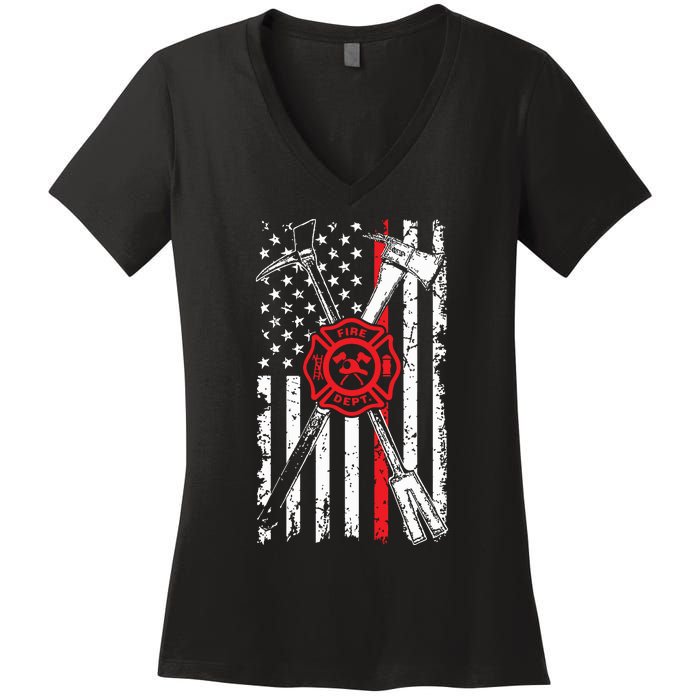 Patriotic Design Axe Halligan Thin Line Red Firefighter Women's V-Neck T-Shirt