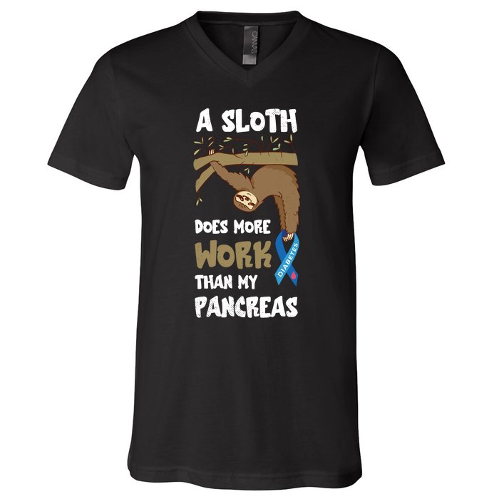 Pancreas Diabetes Awareness Work Sloth T1D Type One Diabetes V-Neck T-Shirt