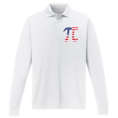 Pi Day American Flag Patriotic Math Nerd Geek 3.14 July 4th Performance Long Sleeve Polo