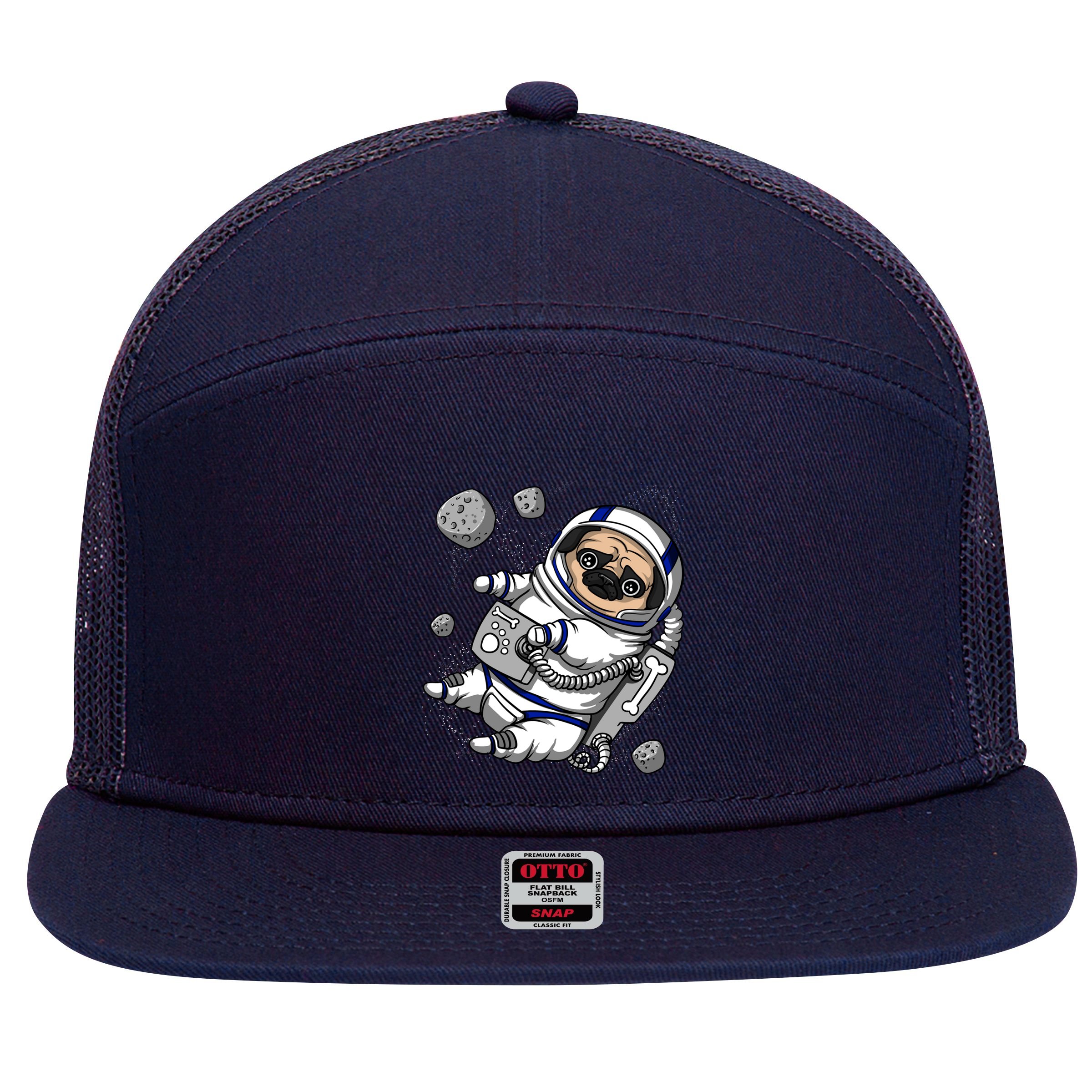 Pug Dog Astronaut Funny Space Cosmic Girl Boy 7 Panel Mesh Trucker Snapback Hat