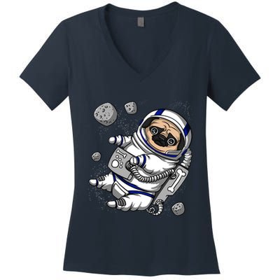 Pug Dog Astronaut Funny Space Cosmic Girl Boy Women's V-Neck T-Shirt