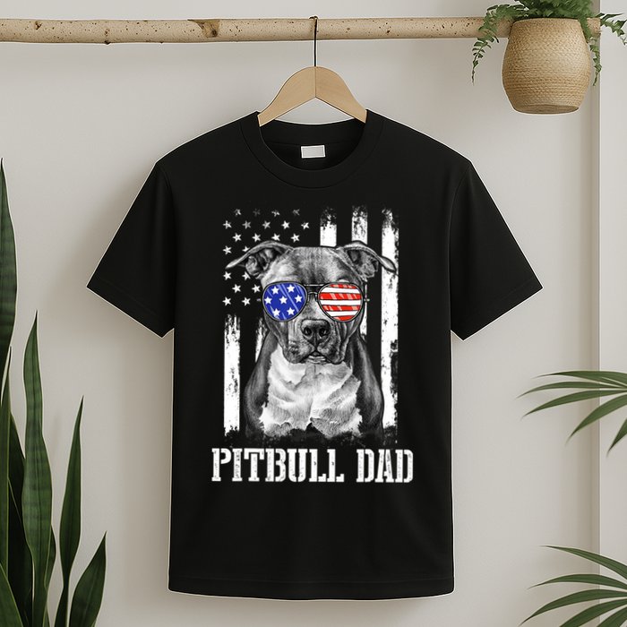 Pitbull Dad American Flag 4th Of July Dog Father's Days T-Shirt