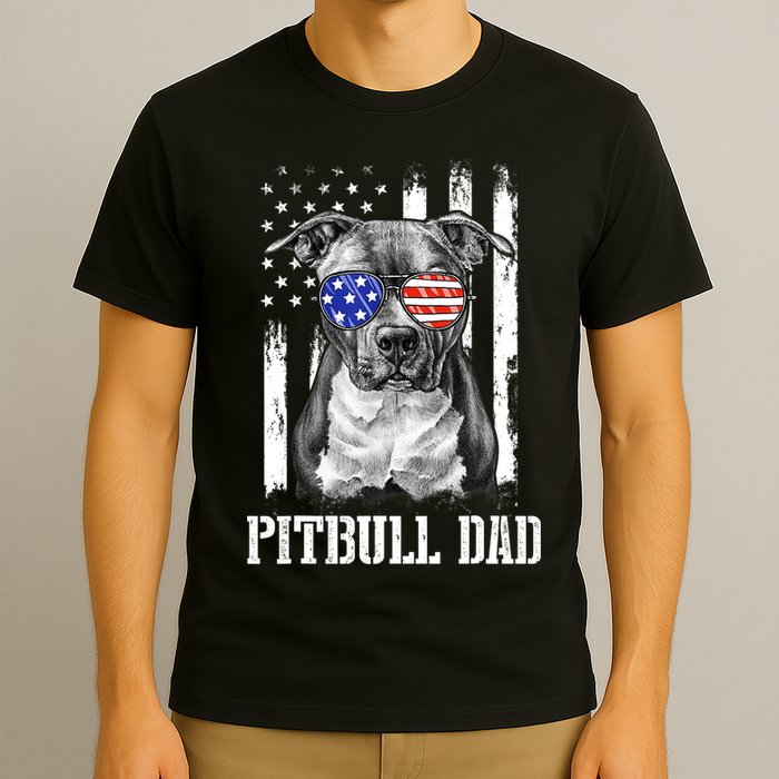 Pitbull Dad American Flag 4th Of July Dog Father's Days T-Shirt