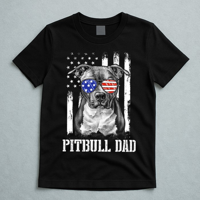 Pitbull Dad American Flag 4th Of July Dog Father's Days T-Shirt