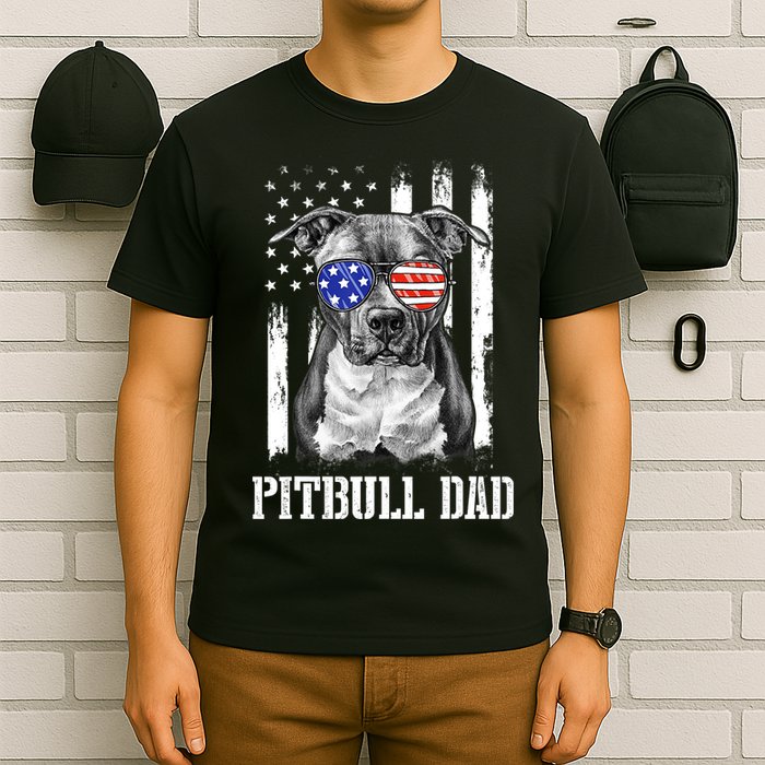 Pitbull Dad American Flag 4th Of July Dog Father's Days T-Shirt