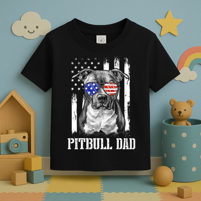 Pitbull Dad American Flag 4th Of July Dog Father's Days Toddler T-Shirt