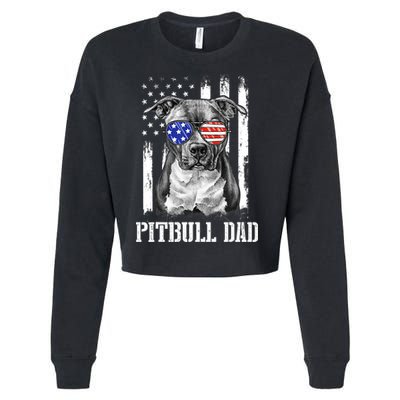 Pitbull Dad American Flag 4th Of July Dog Father's Days Cropped Pullover Crew