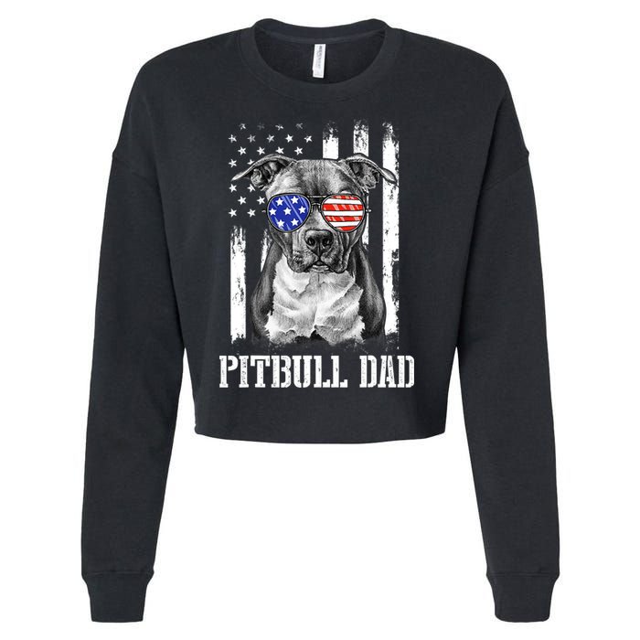 Pitbull Dad American Flag 4th Of July Dog Father's Days Cropped Pullover Crew