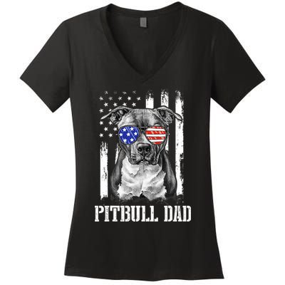 Pitbull Dad American Flag 4th Of July Dog Father's Days Women's V-Neck T-Shirt