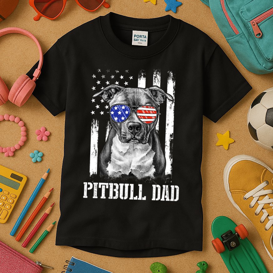 Pitbull Dad American Flag 4th Of July Dog Father's Days Kids T-Shirt