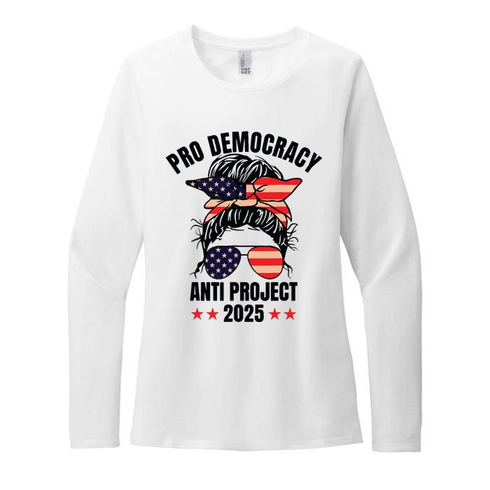 Pro Democracy Anti Project 2025 Stop Project 2025 Messy Bun Womens CVC Long Sleeve Shirt