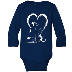 Puppy Dog And Baby Cat Heart Baby Long Sleeve Bodysuit