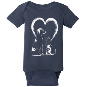 Puppy Dog And Baby Cat Heart Baby Bodysuit