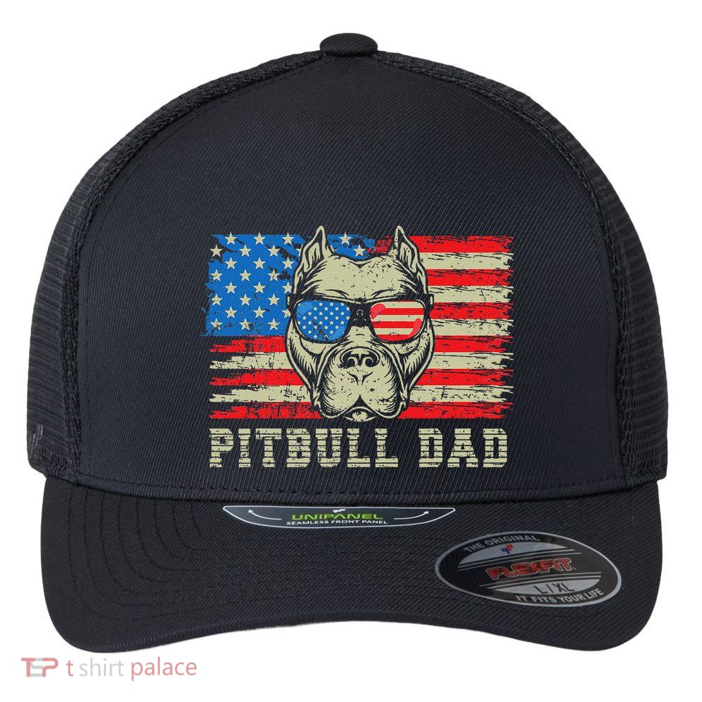 Pitbull Dad American Pit Bull Dog Us Flag 4th Of July Flexfit Unipanel Trucker Cap