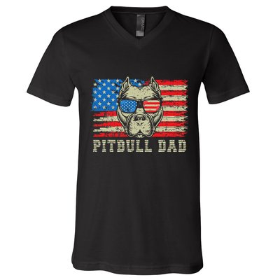 Pitbull Dad American Pit Bull Dog Us Flag 4th Of July V-Neck T-Shirt