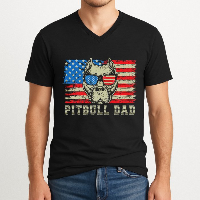 Pitbull Dad American Pit Bull Dog Us Flag 4th Of July V-Neck T-Shirt