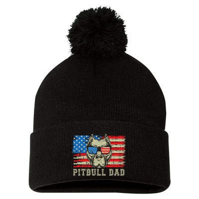 Pitbull Dad American Pit Bull Dog Us Flag 4th Of July Pom Pom 12in Knit Beanie