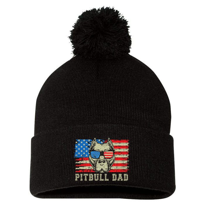 Pitbull Dad American Pit Bull Dog Us Flag 4th Of July Pom Pom 12in Knit Beanie