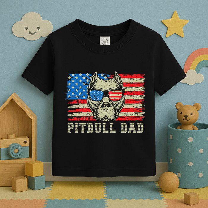 Pitbull Dad American Pit Bull Dog Us Flag 4th Of July Toddler T-Shirt