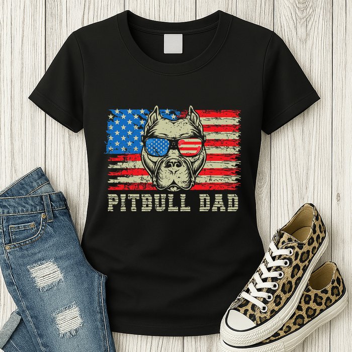 Pitbull Dad American Pit Bull Dog Us Flag 4th Of July Womens T-Shirt