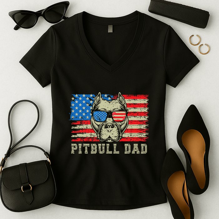 Pitbull Dad American Pit Bull Dog Us Flag 4th Of July Women's V-Neck T-Shirt