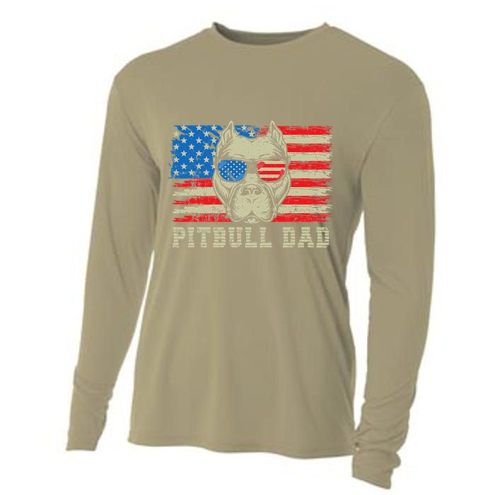 Pitbull Dad American Pit Bull Dog Us Flag 4th Of July Cooling Performance Long Sleeve Crew