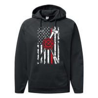 Patriotic Design Axe Halligan Thin Line Red Firefighter Performance Fleece Hoodie