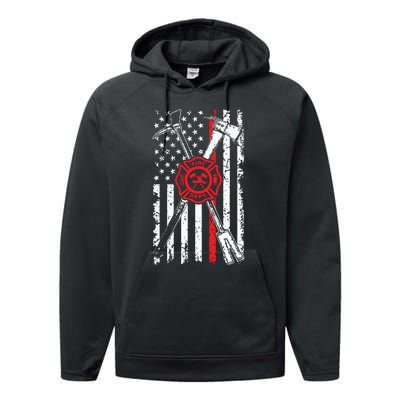 Patriotic Design Axe Halligan Thin Line Red Firefighter Performance Fleece Hoodie