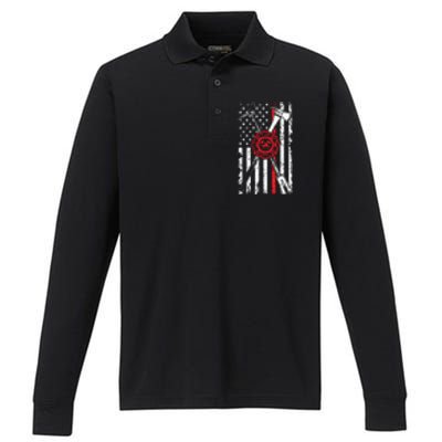 Patriotic Design Axe Halligan Thin Line Red Firefighter Performance Long Sleeve Polo