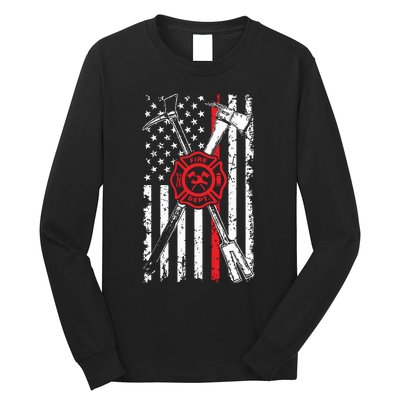 Patriotic Design Axe Halligan Thin Line Red Firefighter Long Sleeve Shirt