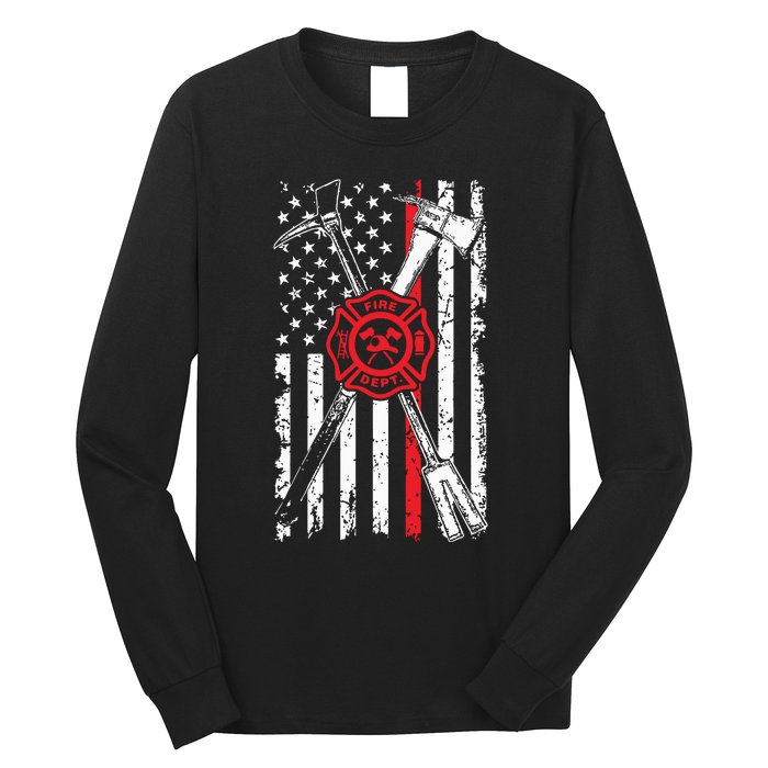 Patriotic Design Axe Halligan Thin Line Red Firefighter Long Sleeve Shirt