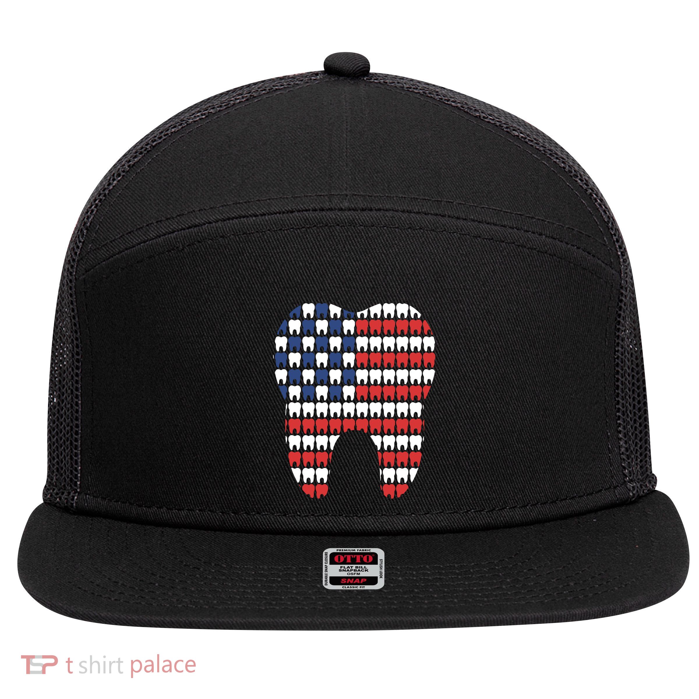 Patriotic Dentist American Flag Tooth 4th Of July Women 7 Panel Mesh Trucker Snapback Hat